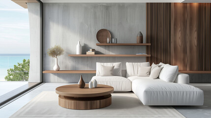 Modern living room interior with a white sofa, a wooden coffee table and shelves on a concrete wall...