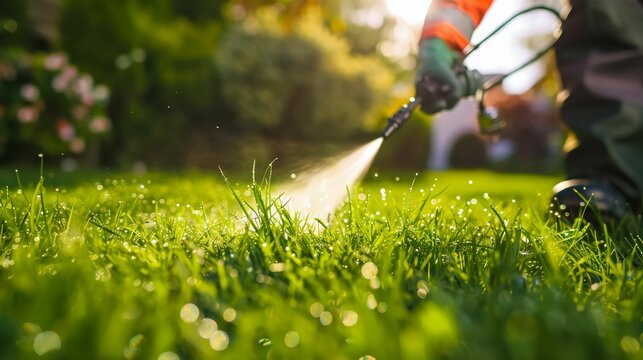 Worker spraying pesticide on green lawn. Outdoor pest control services. 