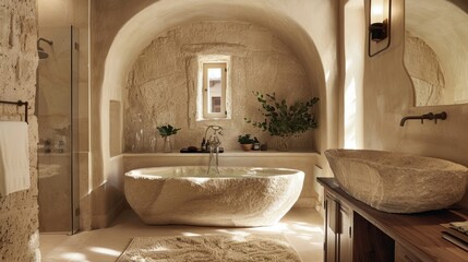 In the bathroom a large freestanding bathtub takes center stage surrounded by smooth sandstone walls and a soothing color palette. The rustic stone sink framed by a handcarved wooden .