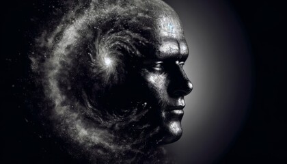 Black and white profile of a person with a universe within, symbolizing deep contemplation and cosmic consciousness