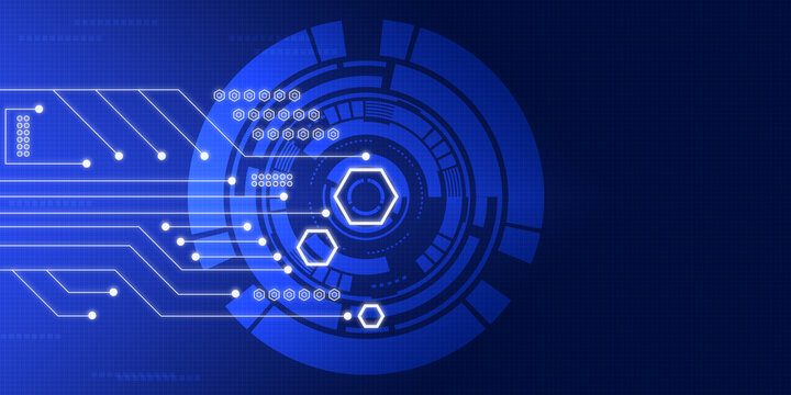 technology modern future background illustration geometric shape and board circuit dark blue background with white dotted lines and lines. hexagon, circle and point glow