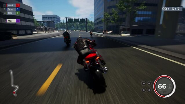 Player driving a quick moto racing on the virtual street road track. Multiple moto racing bikers competing on the city road. Moto racing animation in video game. Urban road. Acceleration