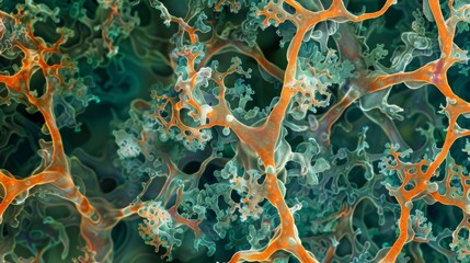 A vibrant colorenhanced photograph of a fungal mycelium immersed in a sea of green microorganisms. The branching interconnected filaments - obrazy, fototapety, plakaty