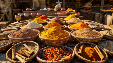 Obraz premium Exotic Spices in Moroccan Market, Variety of Colors and Flavors, Traditional Cooking Ingredients