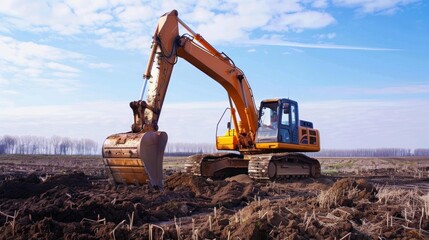 A large orange and yellow construction vehicle is digging into the dirt. The sky is clear and blue, and the sun is shining brightly. The scene is peaceful and serene