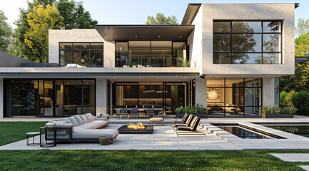 A simple modern house with an outdoor area featuring a pool and fire pit, surrounded by lush green grass.
