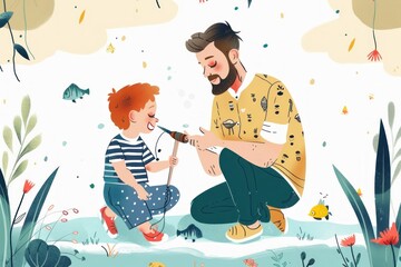 Father's Day greeting card design flat illustration, A man and a boy are sitting on a dock by a lake, fishing.