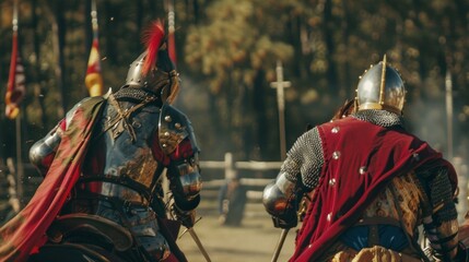Obraz premium Two opponents lock eyes in a fierce jousting duel bright red capes fluttering behind them as they prepare to charge towards . .