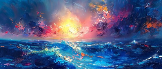 Vibrant, abstract oil painting of a summer ocean scene with marine animals, using a palette knife, on a dynamic background with intense lighting and colorful highlights