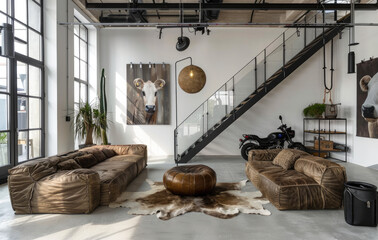 Modern interior design of the living room in an industrial style, featuring brown leather sofas and chairs with cowhide rug on white floor