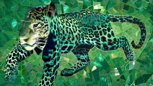 A jaguar is depicted in green mosaic art. This is a beautiful piece that combines the jaguar's supple physique with the sparkle of mosaic art.
