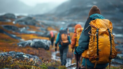 A group of hikers traversing Greenland's rugged terrain, experiencing the thrill of adventure.