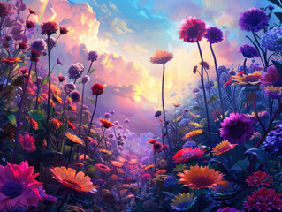 Fototapeta na wymiar Fairytale Floral Wonderland with Rainbow Backdrop
