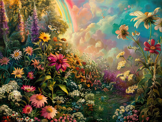 Fototapeta na wymiar Enchanting Garden Blooms Under Rainbow Colored Sky