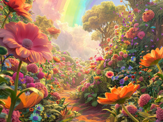 Fototapeta na wymiar Magical Flower Garden Framed by Rainbow Heavens