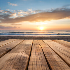 Fototapeta na wymiar Wood table set sunrise on summer.