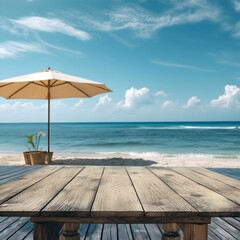 Fototapeta premium Wood table set summer blurred beach background.