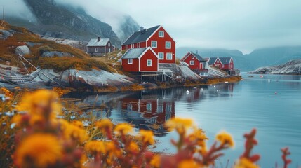 A quaint fishing village nestled along Greenland's rugged coastline, exuding charm and authenticity.