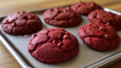Fototapeta premium Deliciously baked red velvet cookies cooling on a wire rack