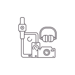 Vector linear icon with household appliances and electronics on a white background.
