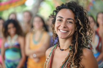 Fototapeta premium Smiling Hispanic woman with group during yoga retreat