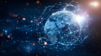 Glowing Earth is surrounded by an intricate network of luminous lines and dots.