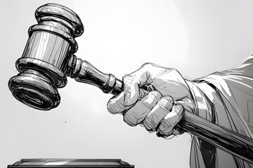 The judge holds the gavel to decide the case.Black and white drawing.