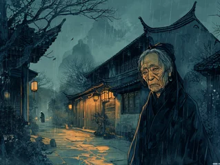 Fotobehang Nightwatcher: The Wise Elder of the Asian Alleyway © Keyser the Red Beard