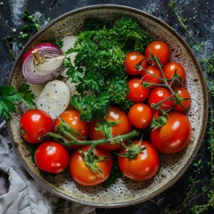 Top view of a bowl full of fresh vegetables, tomatoes, parsley, and onions isolated on marble background.