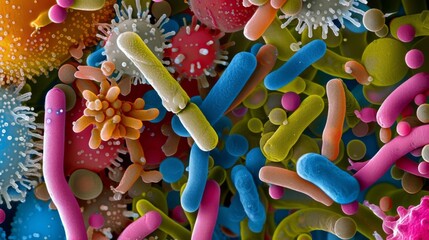 A magnified view of a bacterial aggregate revealing the diverse shapes and sizes of individual bacteria ed together in a community. - obrazy, fototapety, plakaty