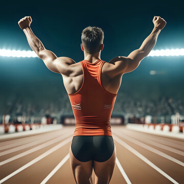 Image description A muscular male athlete is celebrating his victory in a track race - generated by ai