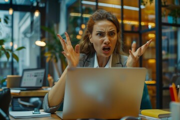 Angry female boss is recording audio message, businesswoman serious displeased working inside office with laptop, using application on smartphone for online communication, Generative AI