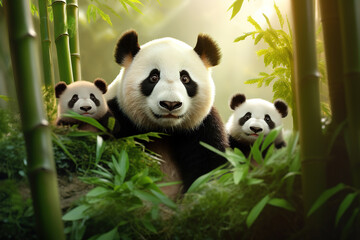 Panda bear family enjoying bamboo feast in the bamboo forest, showcasing the adorable black and white mammal in its natural habitat amidst lush bamboo forest. Wild Animals. Generative AI. - obrazy, fototapety, plakaty