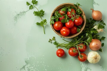Top view of a bowl full of fresh vegetables, tomatoes, parsley, and onions isolated on marble background. - obrazy, fototapety, plakaty