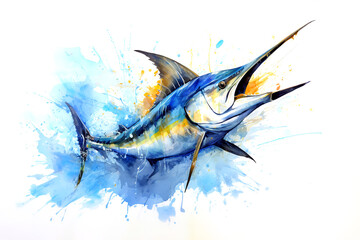 Painting of swordfish swimming on white background. a illustration featuring a drawing of a sea fish, isolated on a white background. Undersea animals. Generative AI. - obrazy, fototapety, plakaty
