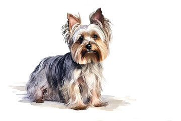 Watercolor painting of adorable yorkshire terrier puppy, isolated and cute, showcasing its small size and purebred features. Pet. Pet. Animals. Illustration, Generative AI.