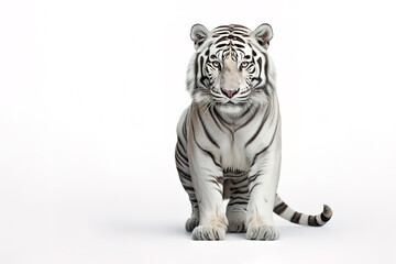 Image of white tiger on white background. Wildlife Animals, Mammals, Illustration, Generative AI.