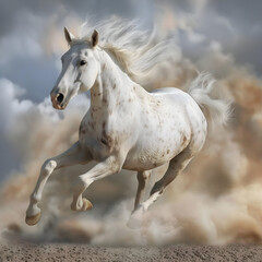 White lively horse dashing in dust.