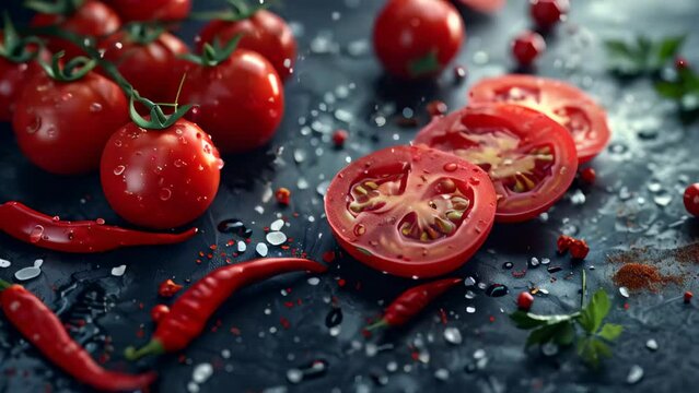 Fresh Tomatoes and Chili Peppers Scattered on a Dark Textured Surface