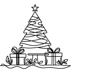 one Continuous black line art drawing of Merry Christmas tree. Hand drawn of Santa Claus outline doodle vector illustration on white background