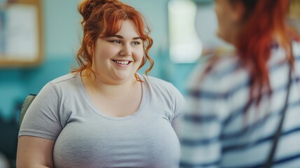 A overweight and obese red head modest woman is restoring her mental health in a support group with a psychologist. Mental health problems, proper nutrition, diabetes