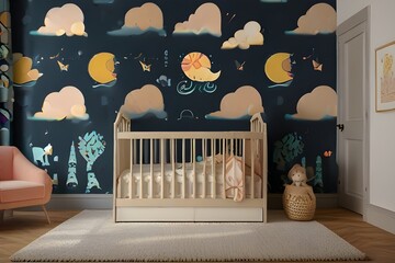 Wall Mural Mockup in Baby's Room Generative AI