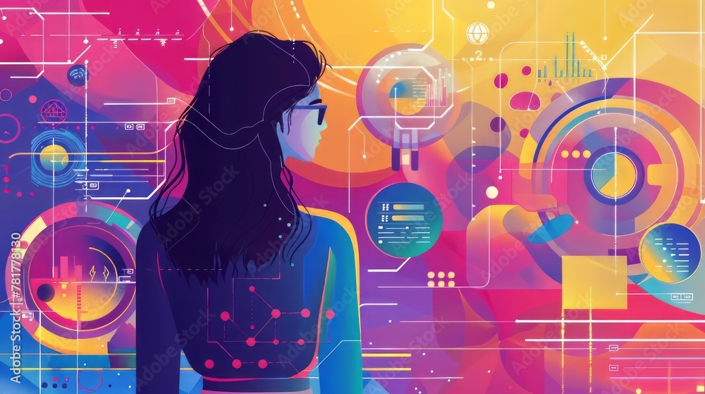 Poster a woman is looking at a computer screen with many colorful graphs and numbers. concept of technology