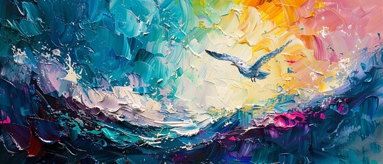 Colorful abstract painting of the ocean with marine animals in a summer style, palette knife oil on a lively background, with dramatic lighting and vivid accents - obrazy, fototapety, plakaty