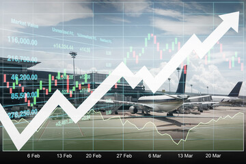 Stock financial index show successful investment on airline transportation industry and tourism business with graph, chart and candlesticks on aircraft at terminal gate backgrounds. - 781778586
