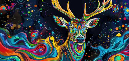 psychedelic deer, colorful background, design