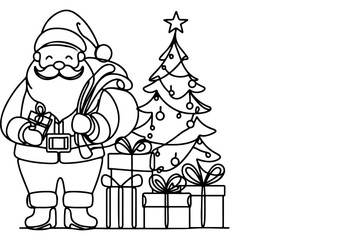one Continuous black line art drawing of Merry Christmas tree. Hand drawn of Santa Claus outline doodle vector illustration on white background