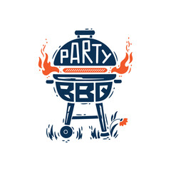 BBQ Time. Grill Barbecue Party. Portable Charcoal Grill with Fire Flames. Vector illustration