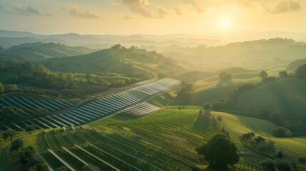 An innovative solar farm stretching across rolling hills, harnessing the sun's power, blending technology with nature