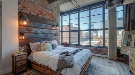 The bedroom features a unique headboard made from a repurposed metal sheet adorned with industrialstyle light fixtures on either side. The large windows offer views of the city skyline .